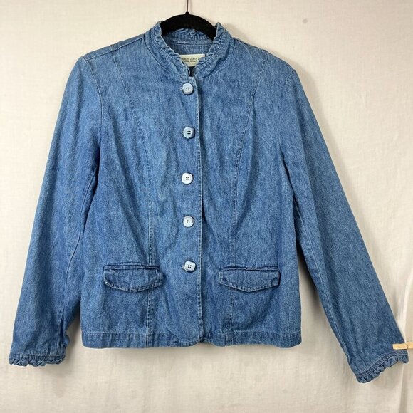 Vintage 90s Vermont Country Store Denim Ruffle Jacket Womens L Cottage Western - Picture 1 of 11